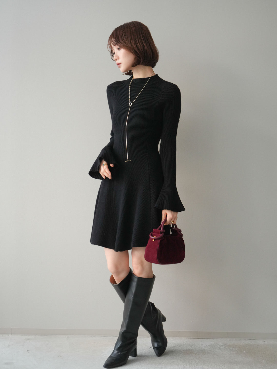 [予約]フレアリブニットミニワンピース/black