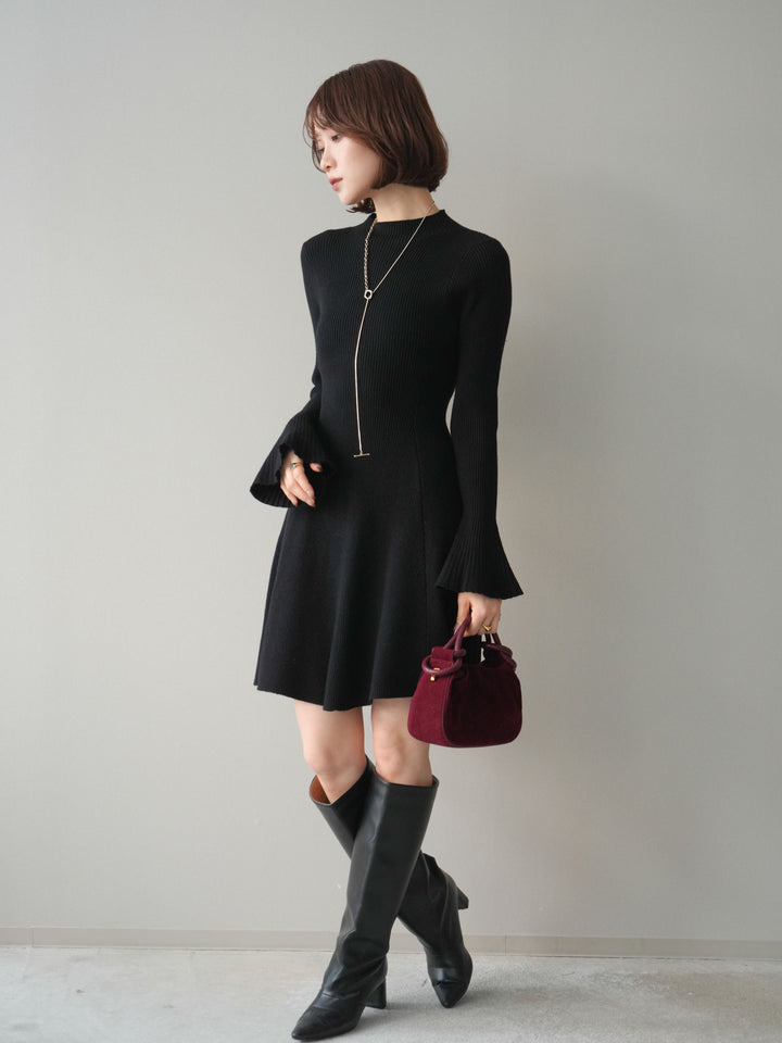 [予約]フレアリブニットミニワンピース/black
