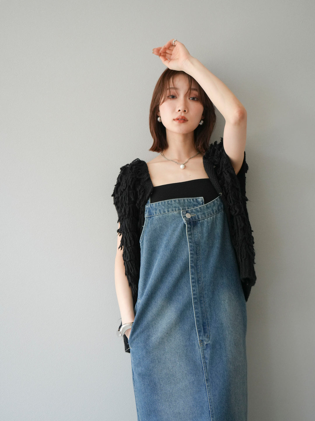 [SET]ループデザインベスト+アシンメトリーデニムワンピース(2set)