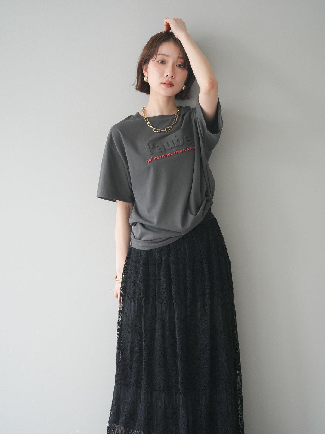 [SET]エンボスロゴTEE+裏プリーツ総レースロングスカート(2set)