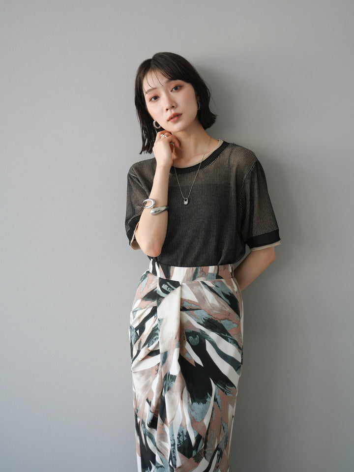 [SET]リネンタッチ配色二重臼ハーフニットトップス+選べるアソート柄スカートセット(2set)