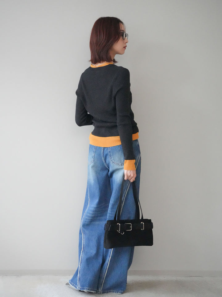 [SET]Uネック配色レイヤードリブニットトップス+サイドフリンジワイドデニムパンツ(2set)