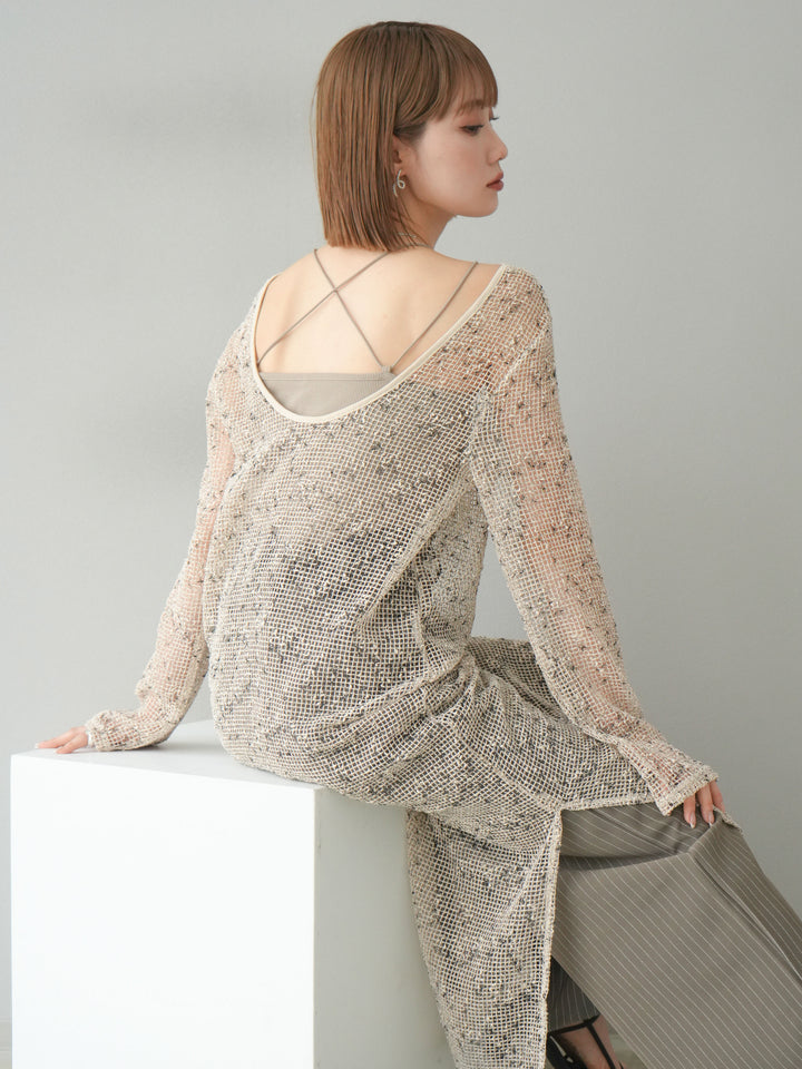 [預購] 鏤空網眼露背洋裝/象牙白