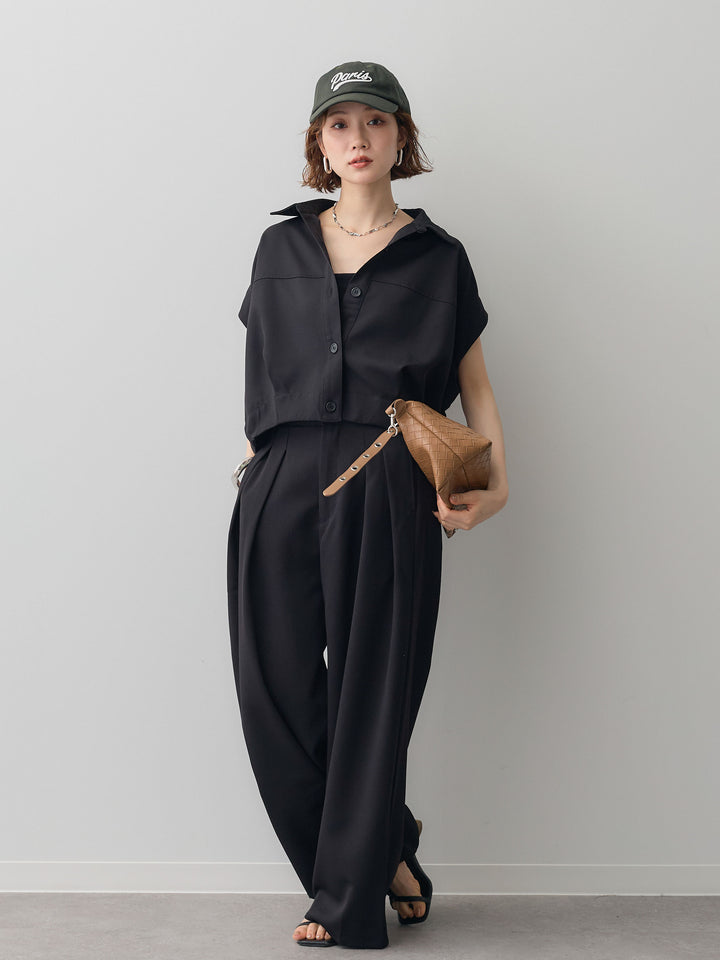 【套裝】縐綢燈籠無袖襯衫 + 縐綢闊腿褲（兩件套）