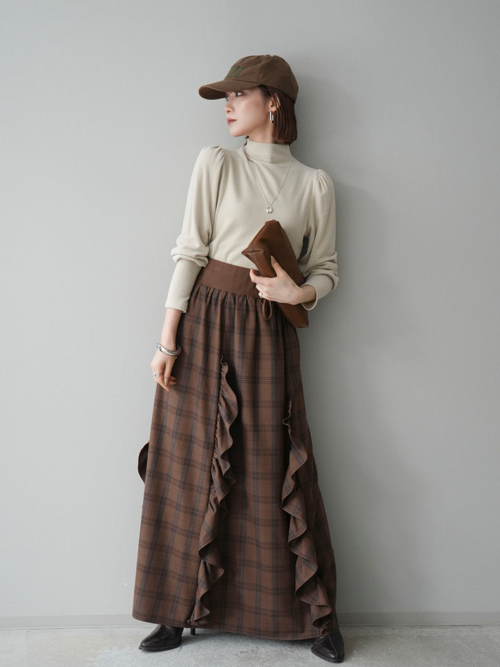 [SET]プチネックパワーショルダー起毛トップス+チェック柄フリルハイウエストマキシスカート(2set)