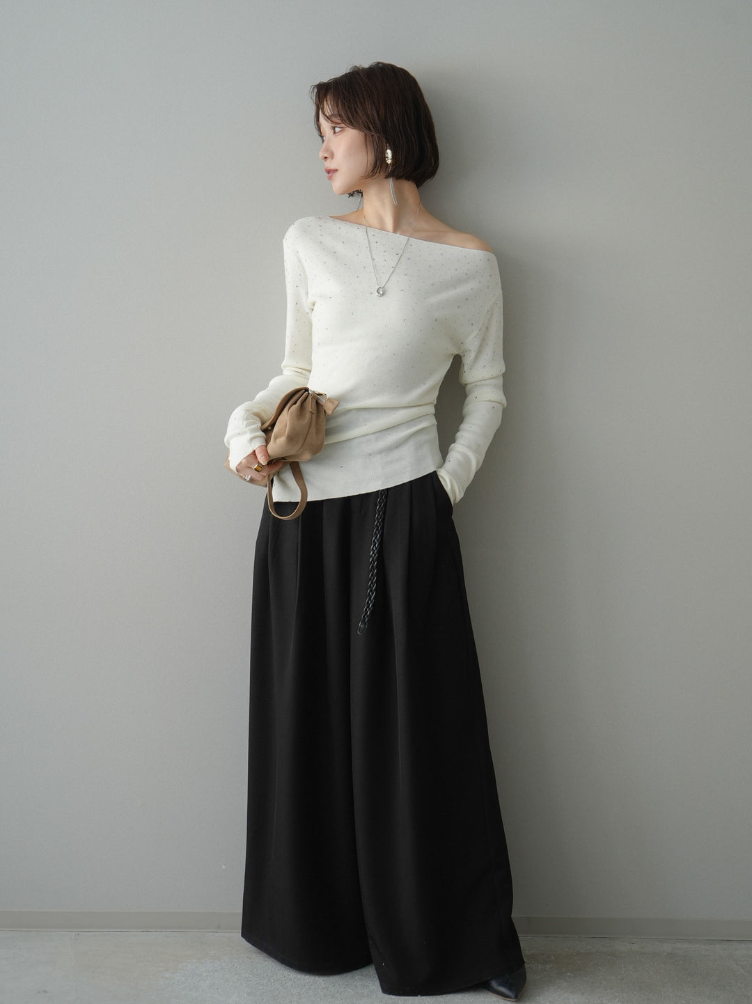 [予約]編み込みベルト付タックワイドパンツ/black