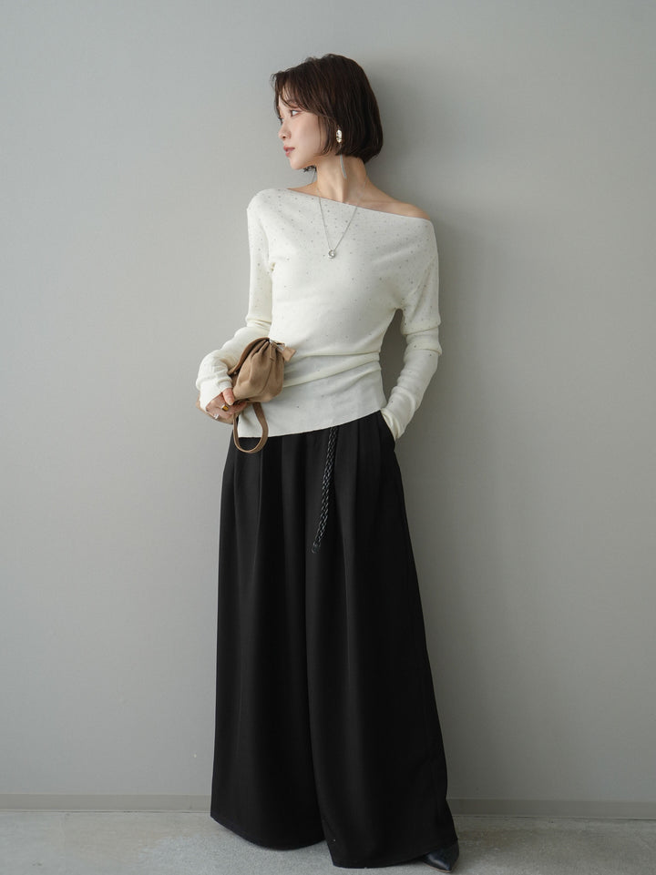 [予約]編み込みベルト付タックワイドパンツ/black