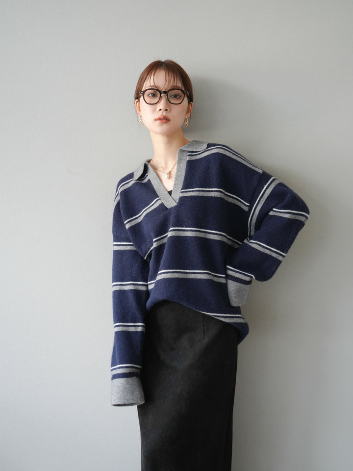 [SET]ポロ襟スキッパーボーダーニットプルオーバー+スウェードIラインスカート(2set)