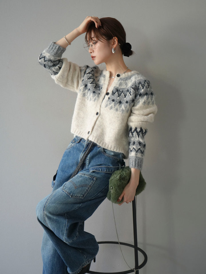 【着回しセット】[SET]求心柄クロップドニットカーディガン+ミックスヤーンペイズリー柄ニットカーディガン+ペインターカーブデニムパンツ(3set)