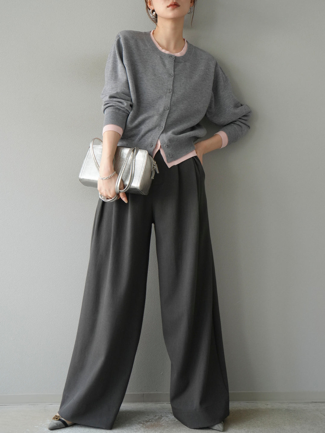 【SET】同色系疊穿開襟衫+雙褶寬褲（2件組）