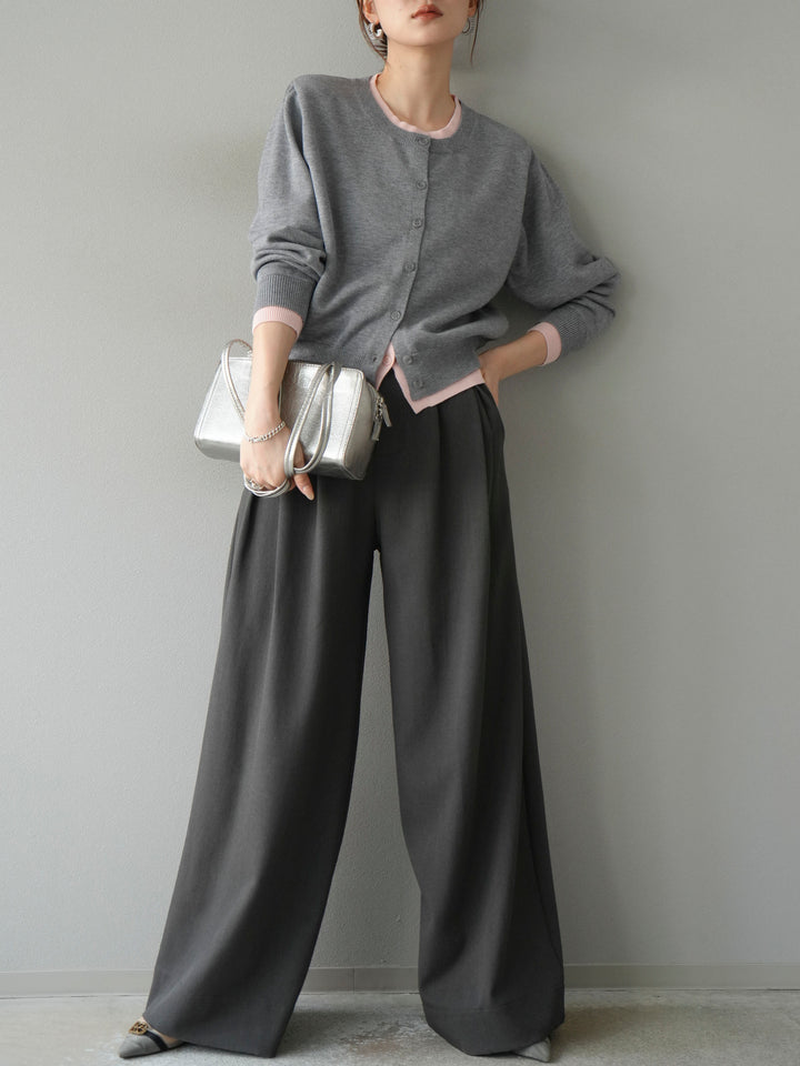 【SET】同色系疊穿開襟衫+雙褶寬褲（2件組）