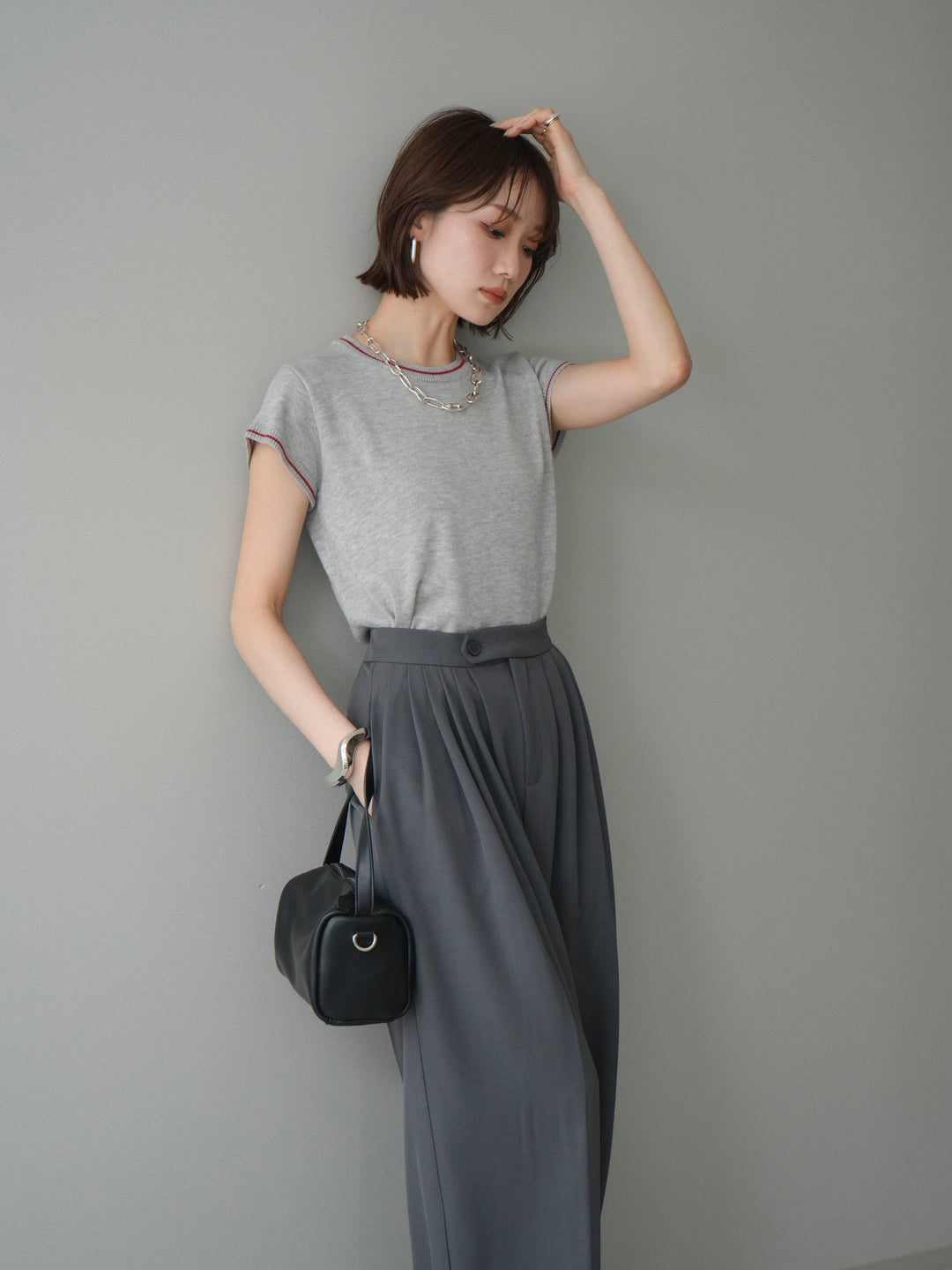 [SET]配色ハーフスリーブニットトップス+メニータックワイドパンツ(2set)