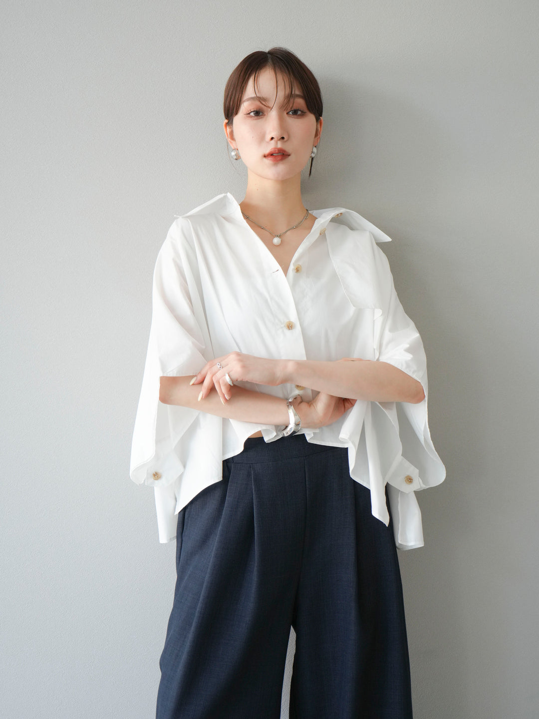 [SET]ポンチョショートシャツ+リネンライクイージーワイドパンツ(2set)