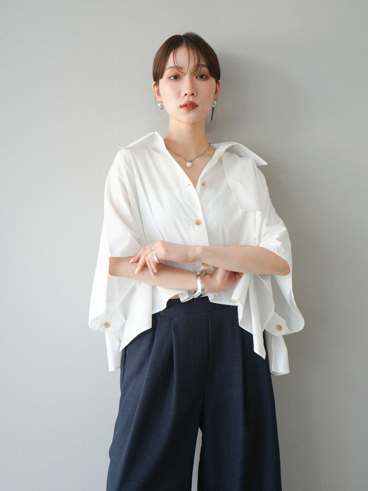 [SET]ポンチョショートシャツ+リネンライクイージーワイドパンツ(2set)