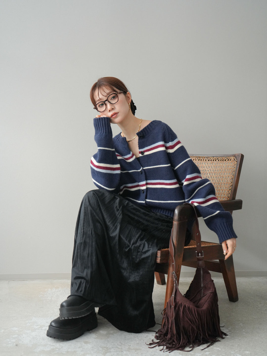 [予約]ランダムボーダーニットカーディガン/navy