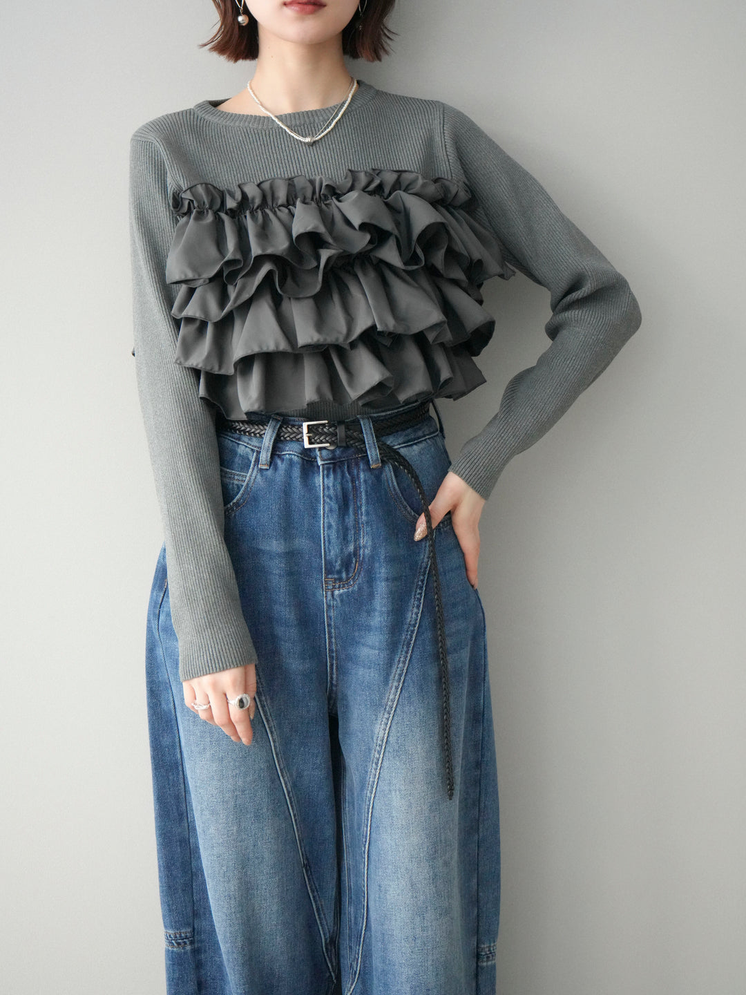 [SET]フリルビスチェドッキングスポンジニットプルオーバー+裏起毛加工デニムカーブパンツ(2set)