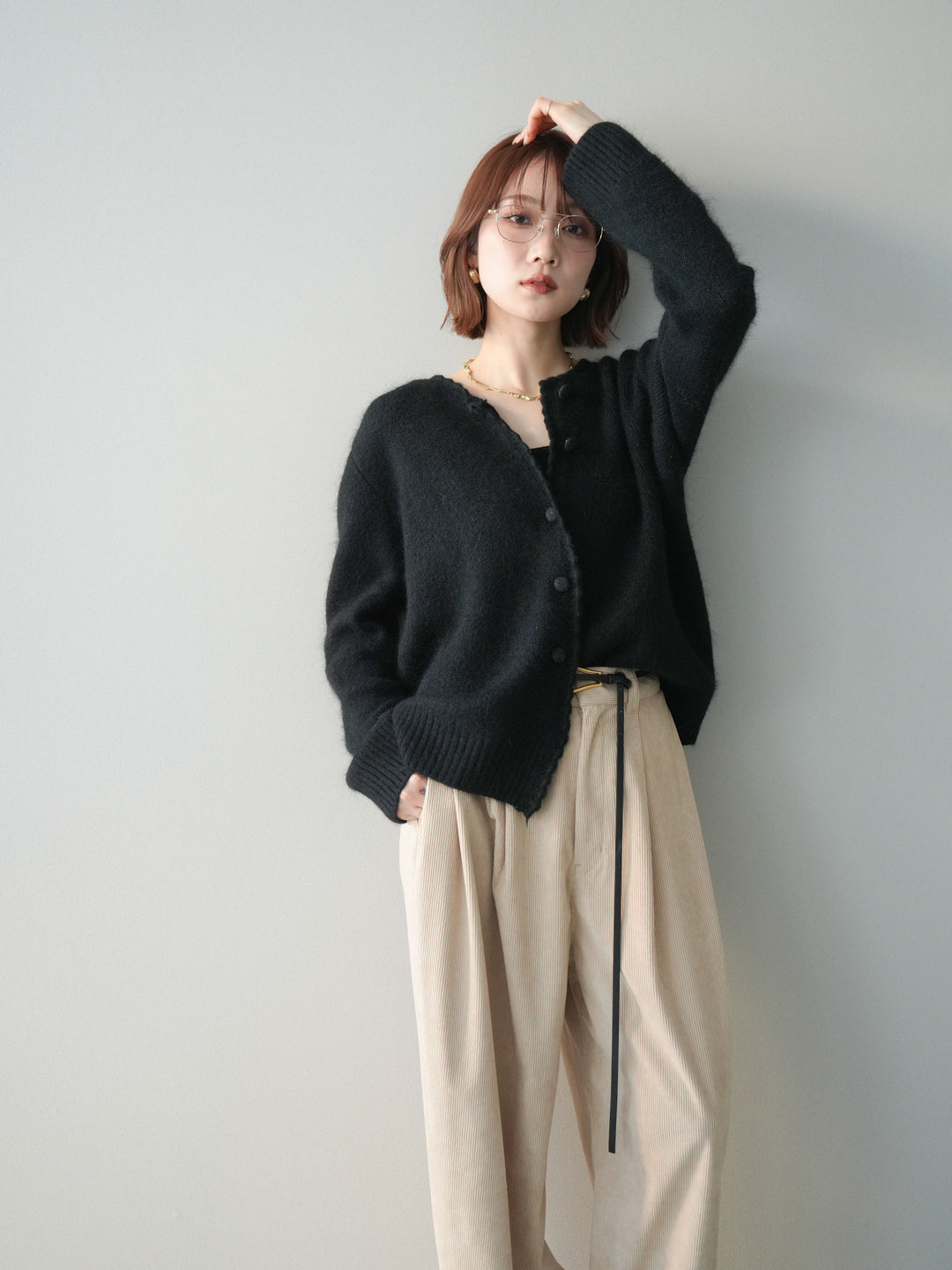 [SET]くるみボタンニットカーディガン+コーデュロイサイドタックコクーンパンツ(2set)