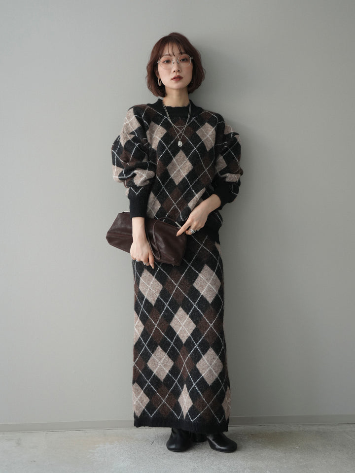 [SET]アーガイルニットプルオーバー&ロングスカートSET UP+選べるアクセセット(2set)