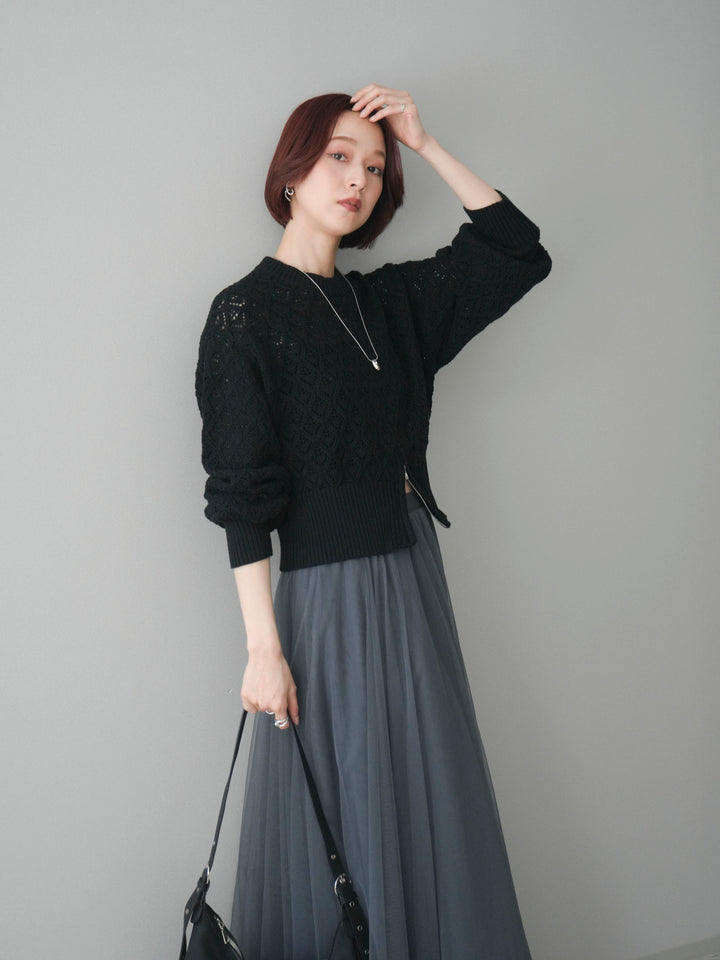 [予約]透かし編みフロントジップスリットニットプルオーバー/black