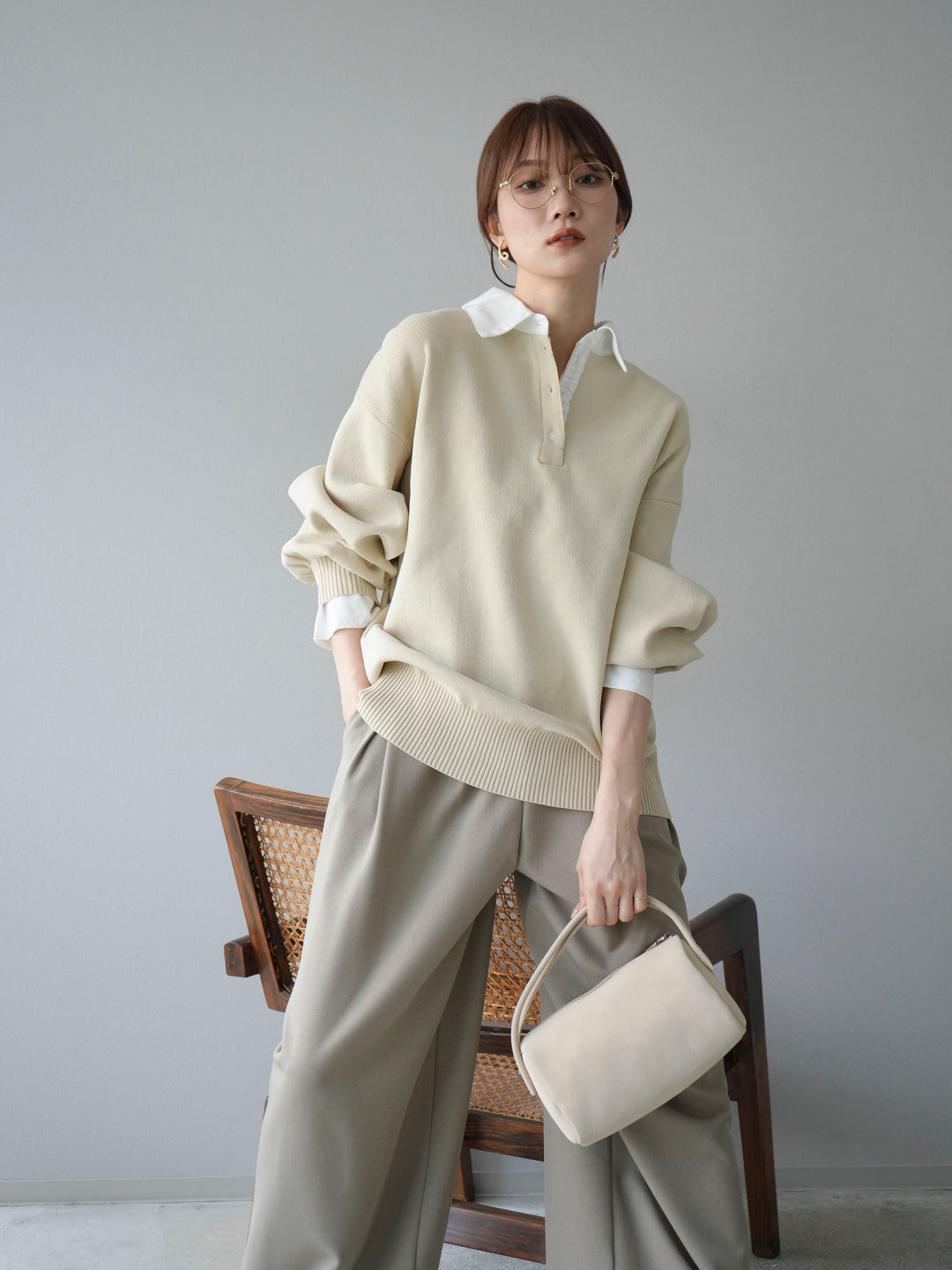【SET】翻領polo針織套衫+雙褶闊腿褲（2件組）