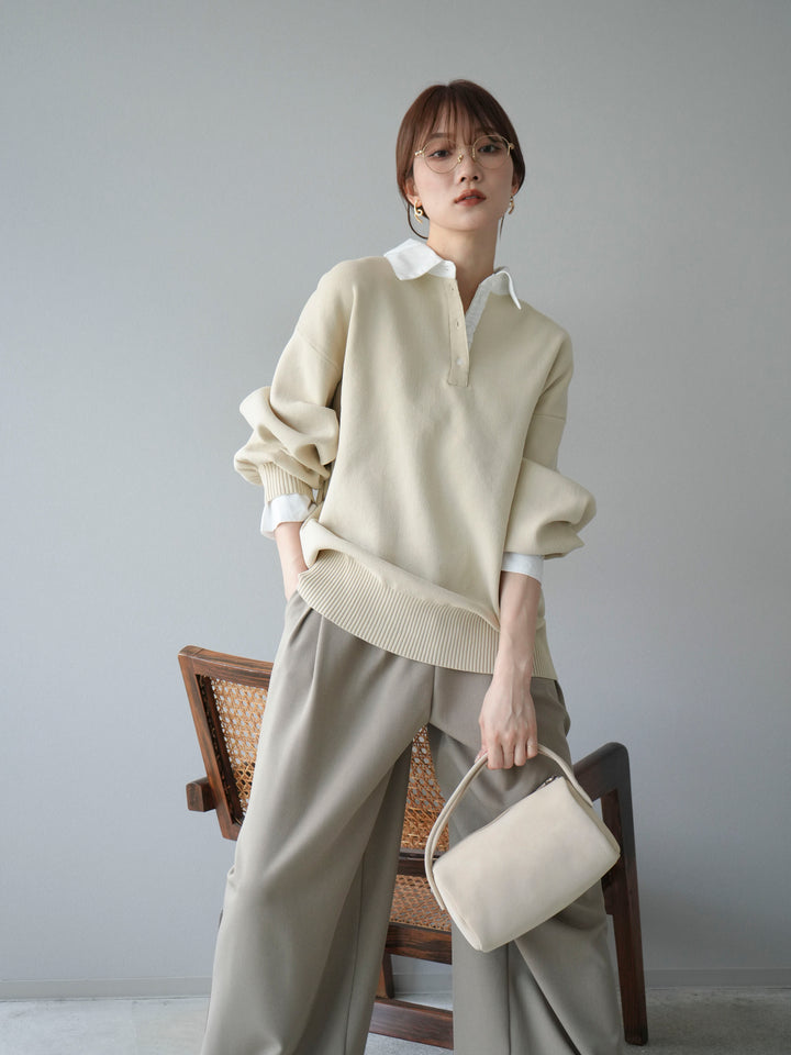 【SET】翻領polo針織套衫+雙褶闊腿褲（2件組）