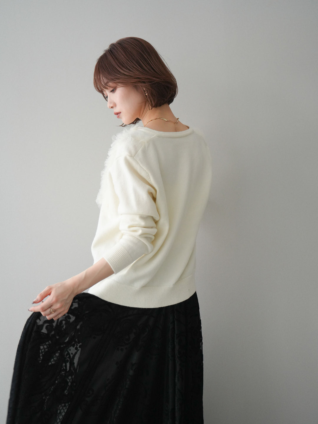 [SET]チュールフリルニットカーディガン+アンティーク柄フロッキーマキシスカート(2set)