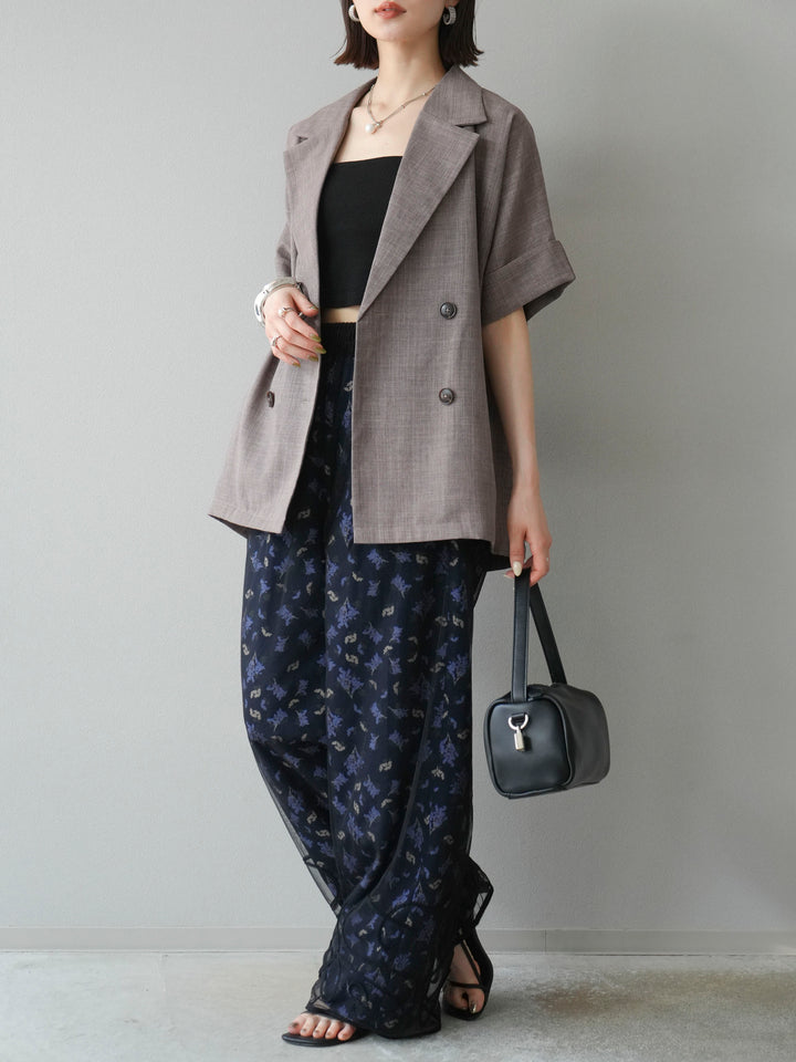 [SET]コード刺繍チュールレイヤードパンツ+ブーケプリントタックパンツ(2set)