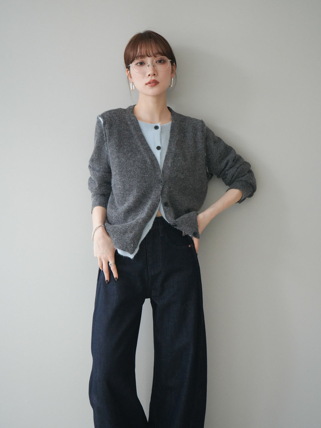 [SET]配色レイヤードニットカーディガン+選べるアクセセット(2set)