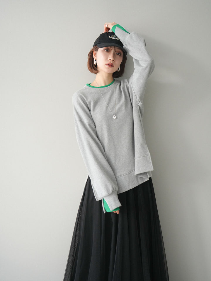 [SET]配色レイヤードデザインスエットプルオーバー+チュールボリュームスカート(2set)