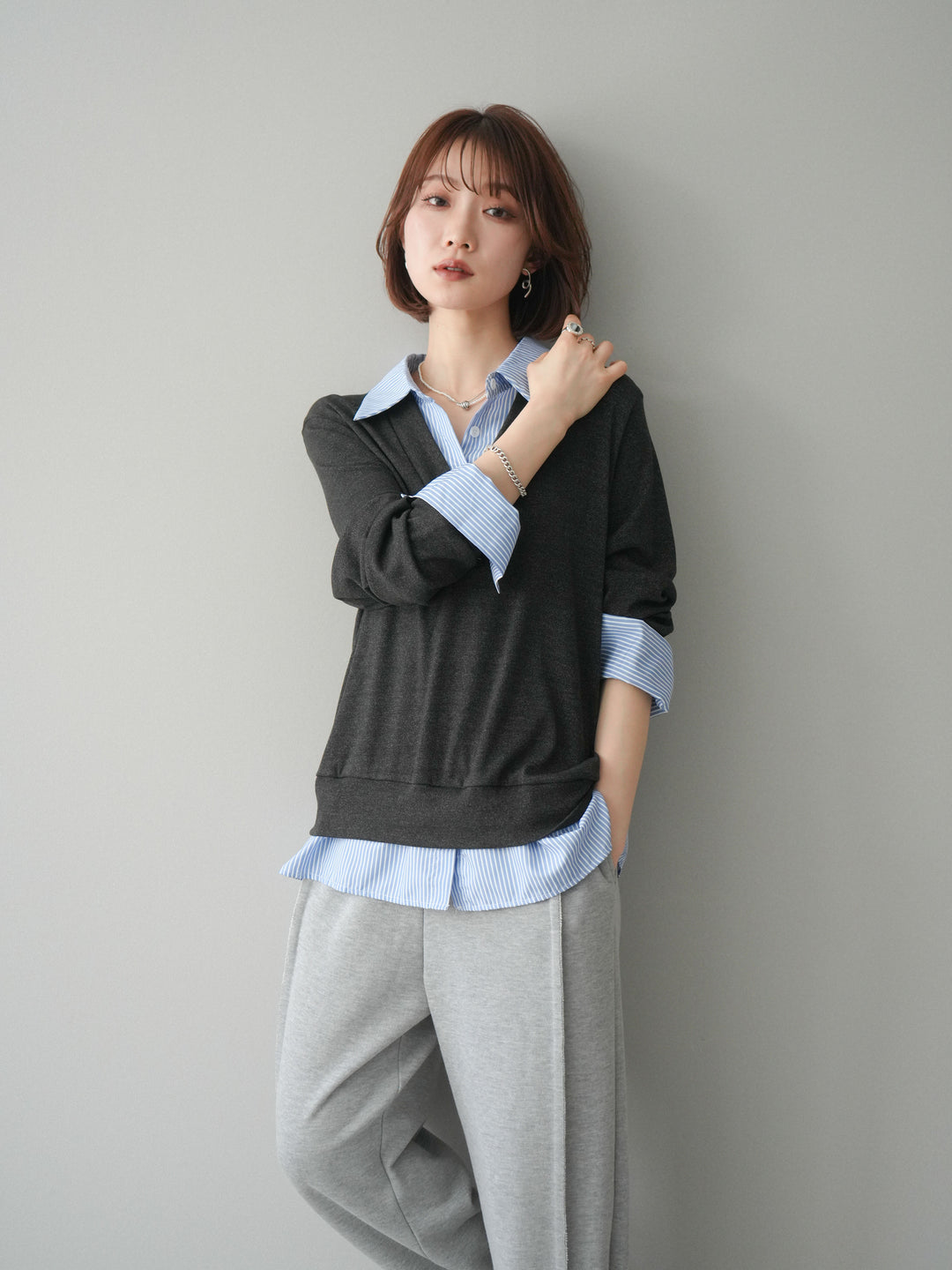 [予約]シャツレイヤードデザインカットプルオーバー/charcoal