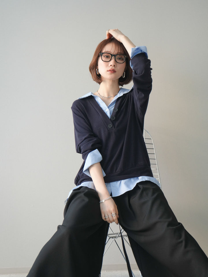 [予約]シャツレイヤードデザインカットプルオーバー/navy