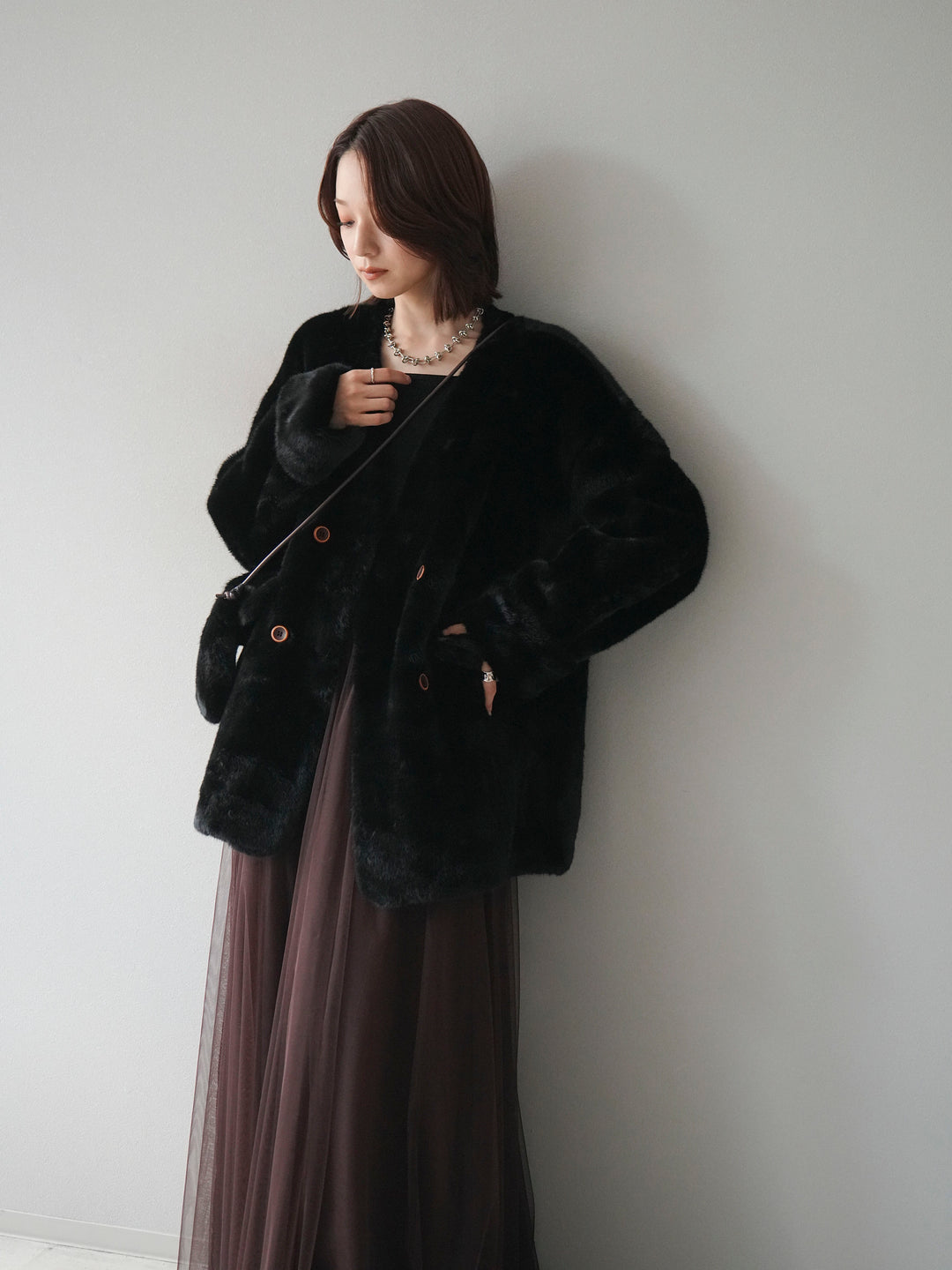 [SET]バッグ付エコファーノーカラーコート+チュールボリュームスカート(2set)