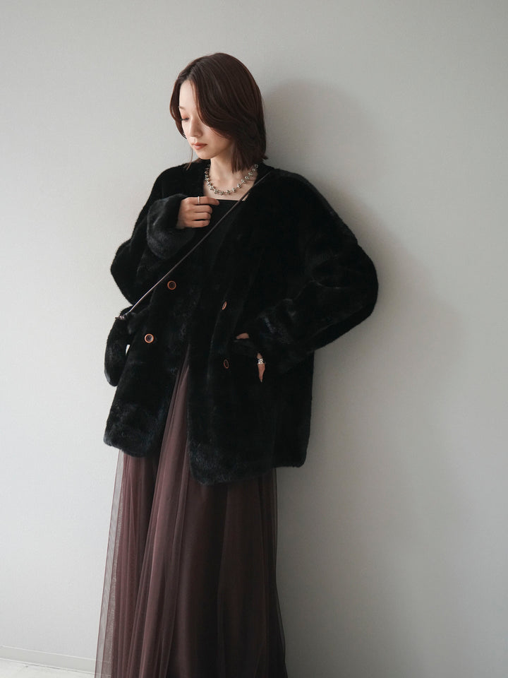 [SET]バッグ付エコファーノーカラーコート+チュールボリュームスカート(2set)