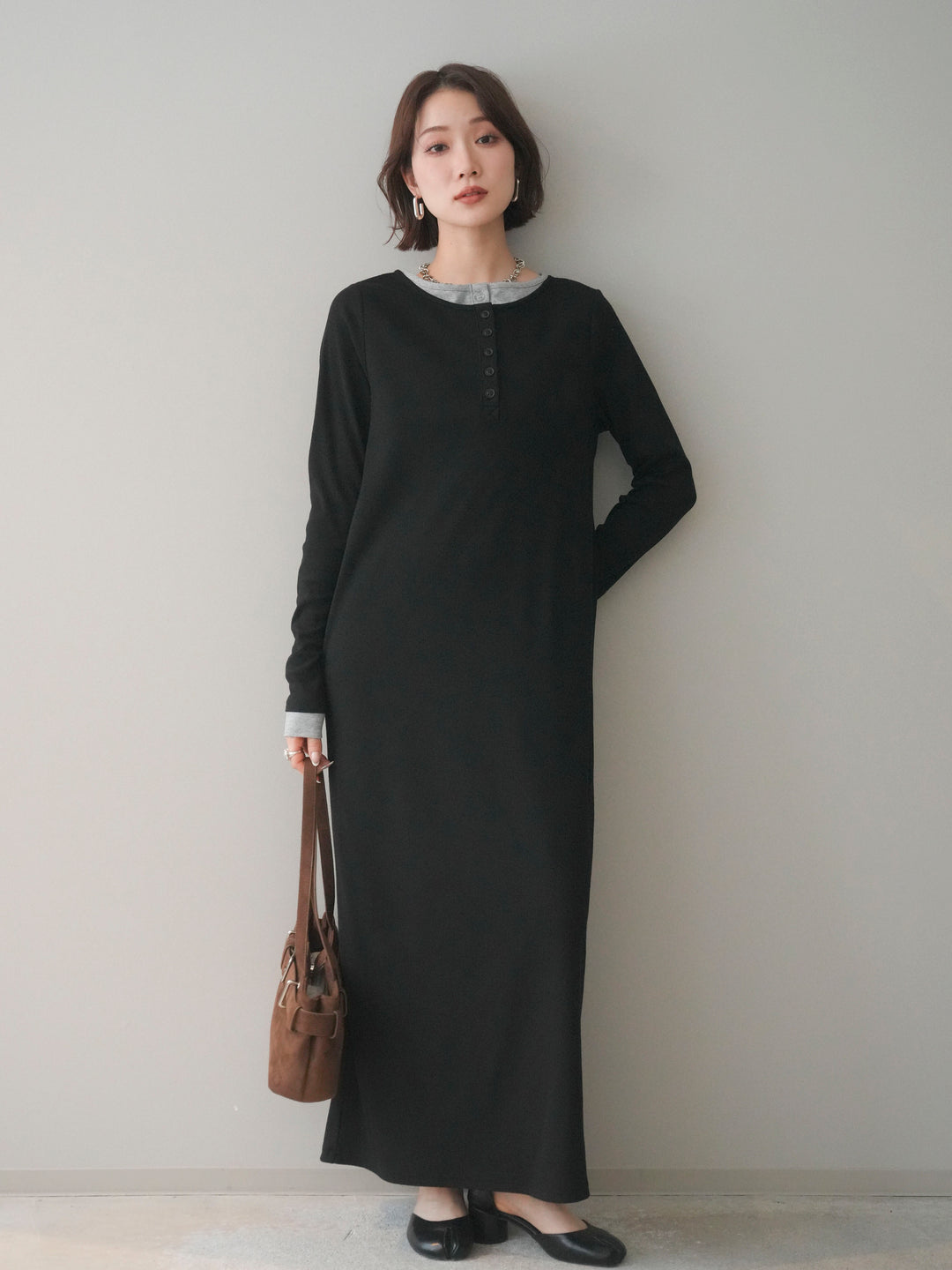 [予約]配色レイヤードヘンリーネックカットリブワンピース/black