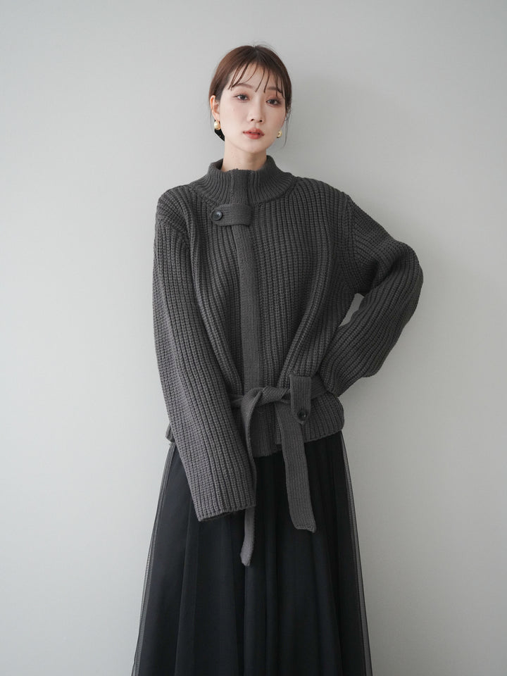 [SET]畦編みボトルネックZIPニットカーディガン+選べるアクセセット(2set)