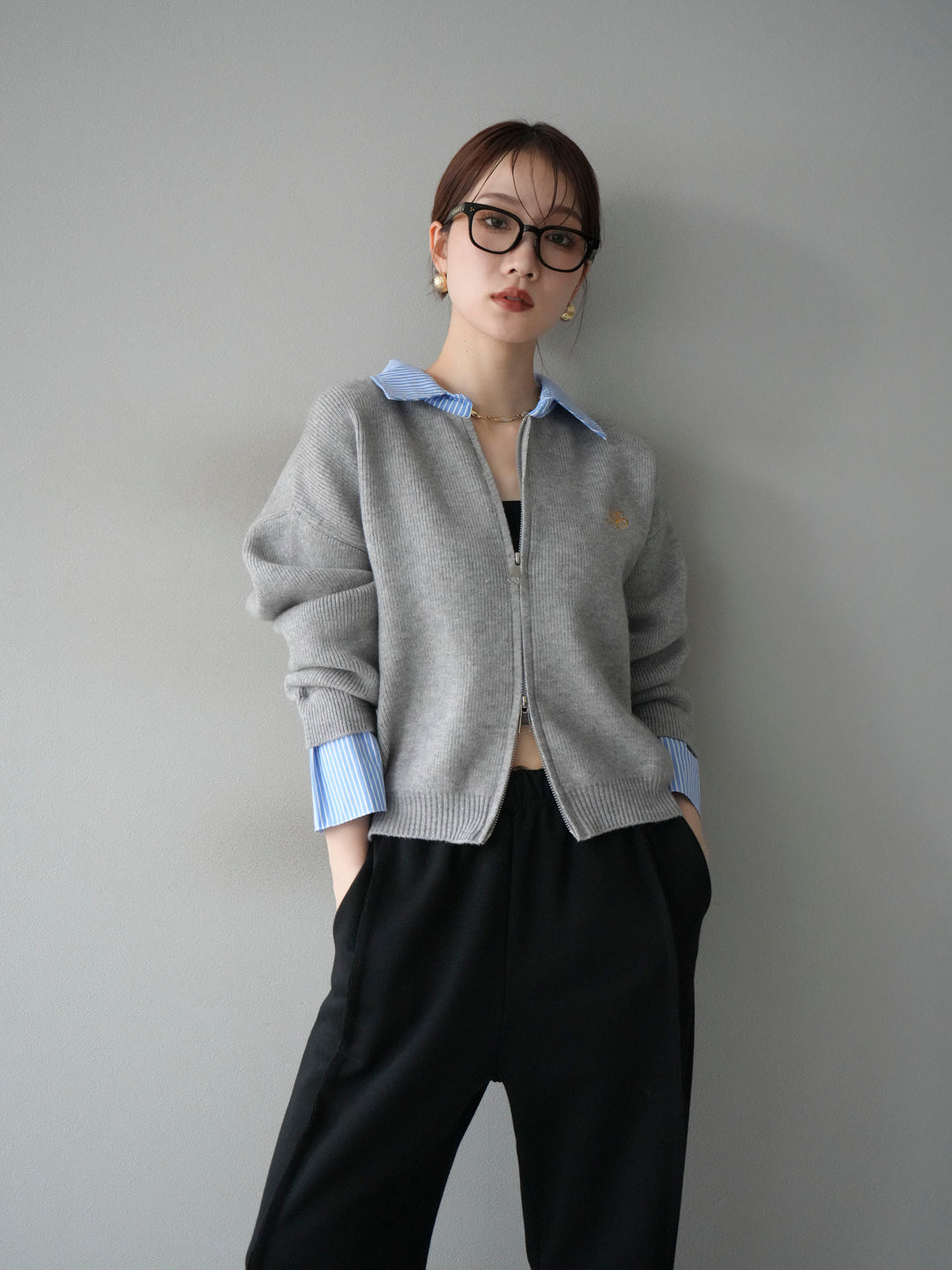 [SET]ストライプシャツレイヤードZIPニットカーディガン+2WAYデザインスウェットパンツ(2set)