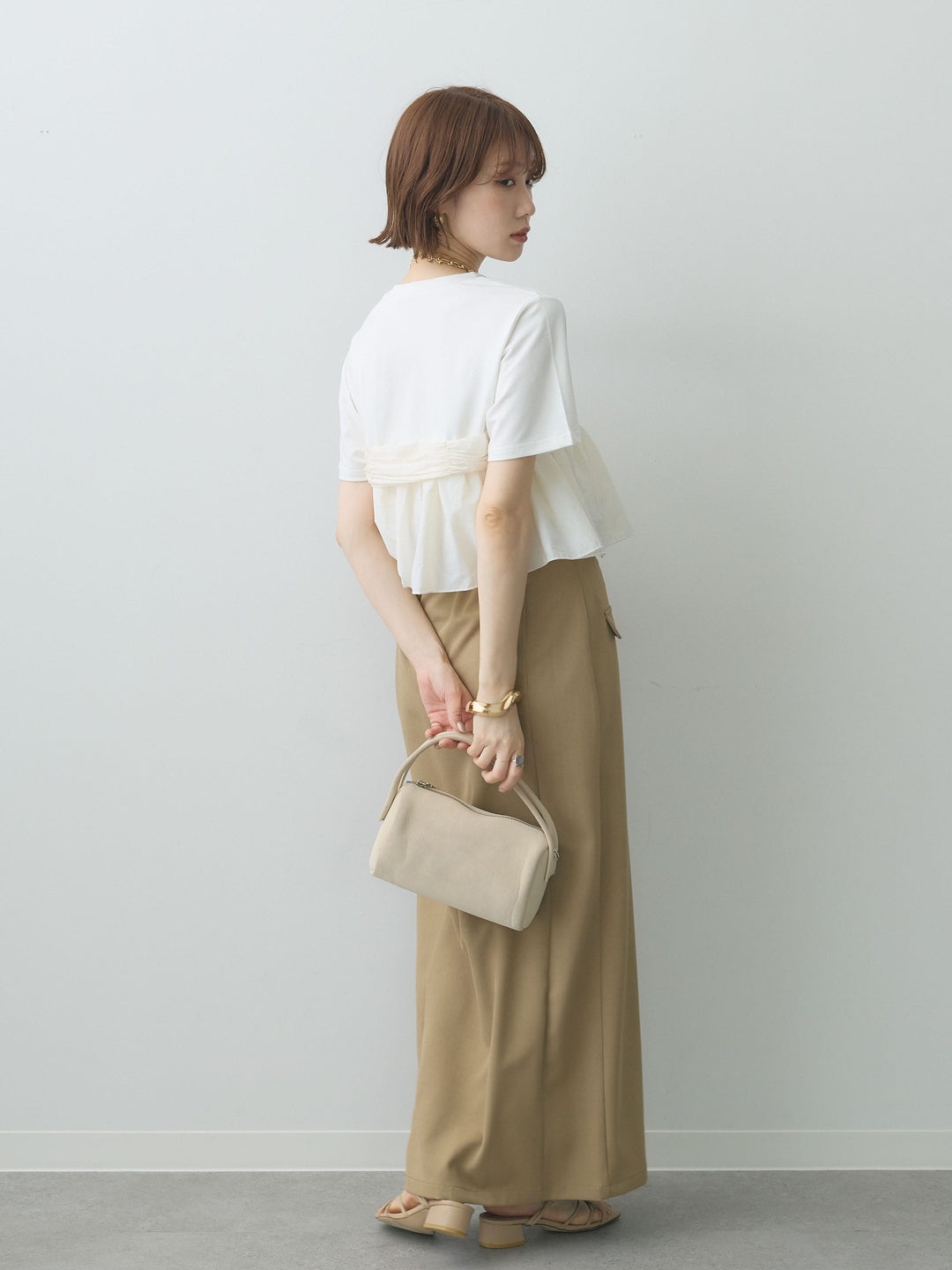 [SET]ナイロンドッキングツイストTEE +クレープデシンフラップ付きストレートスカート(2set)