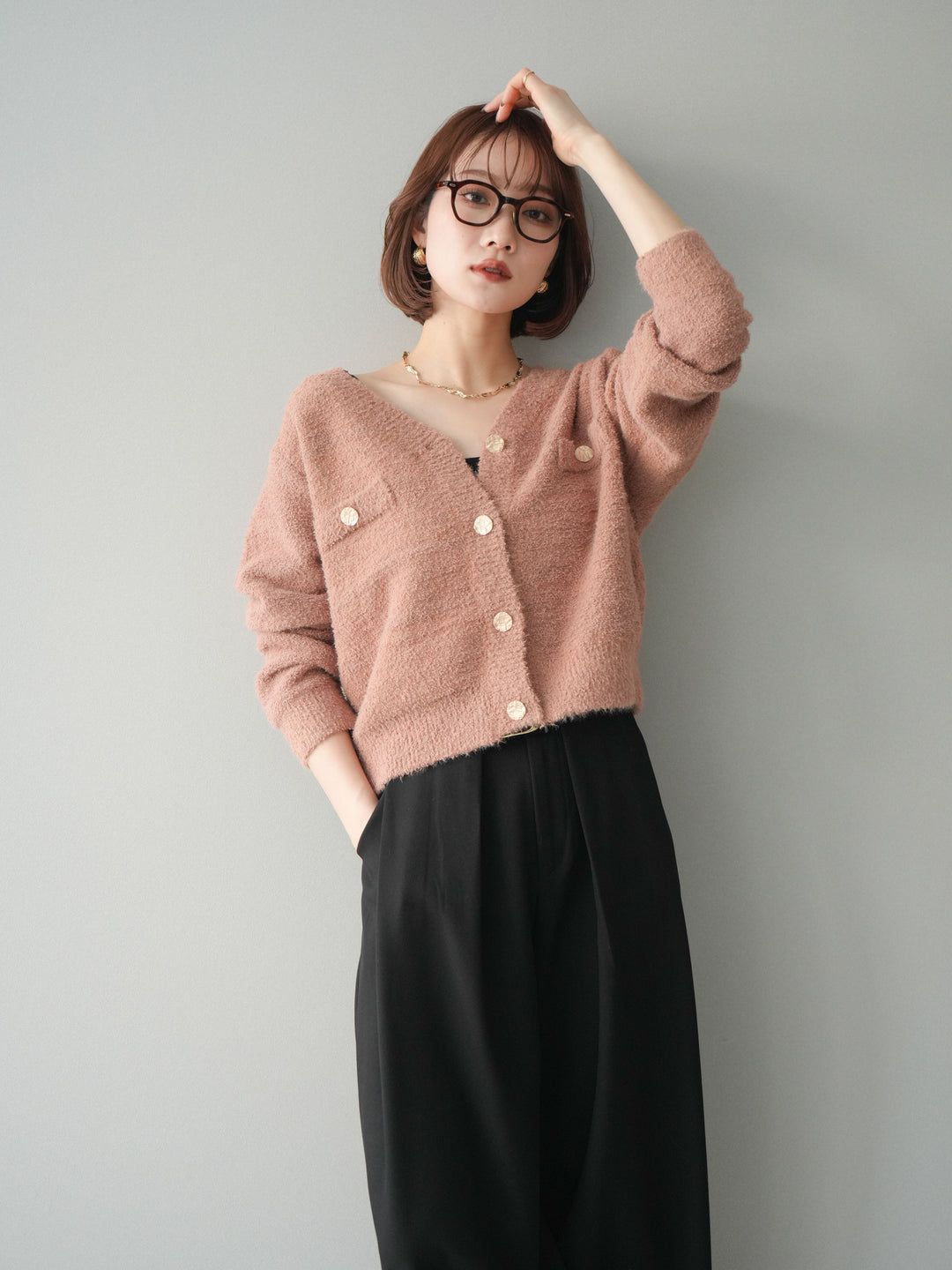 [予約]ゴールドボタンモールニットカーディガン/beige