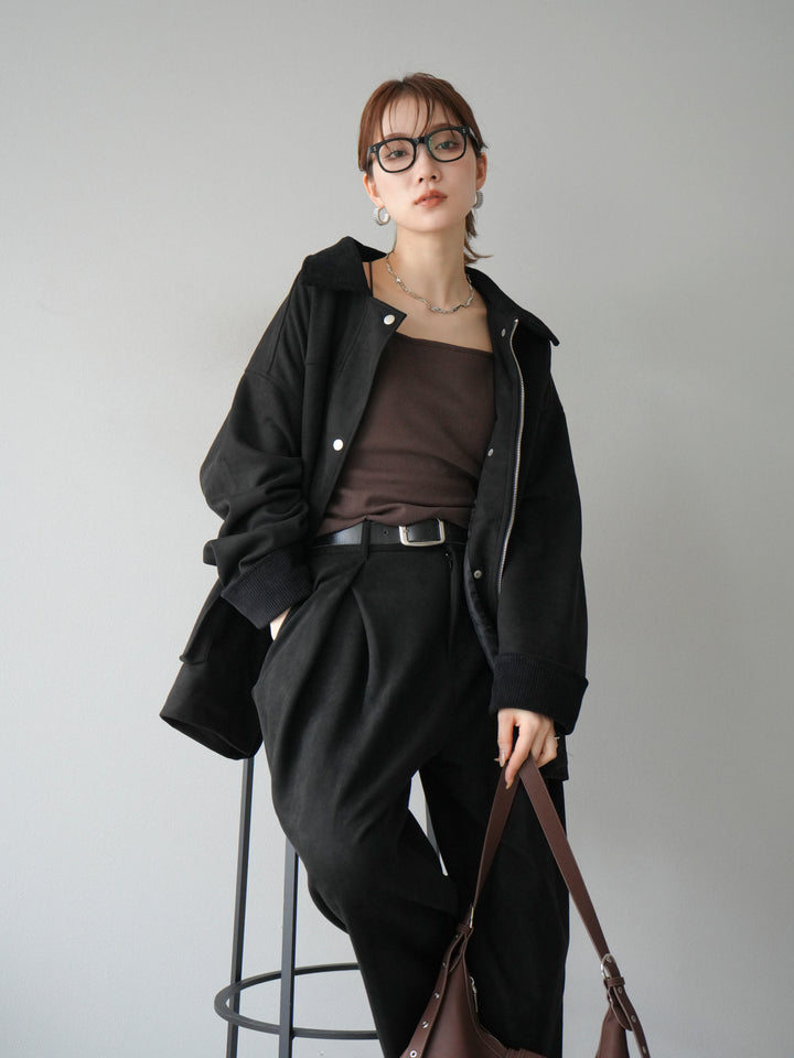 [予約]コーデュロイ襟スウェードミドルジャケット /ブラック