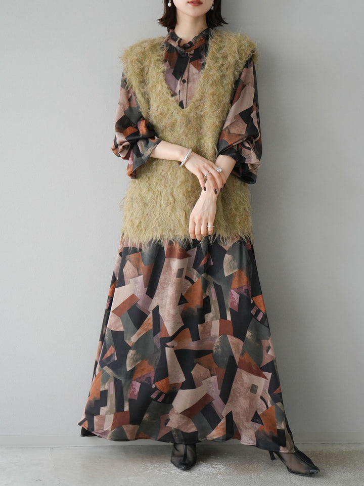 [SET]レトロプリントフリルブラウス+選べるアクセセット(2set)