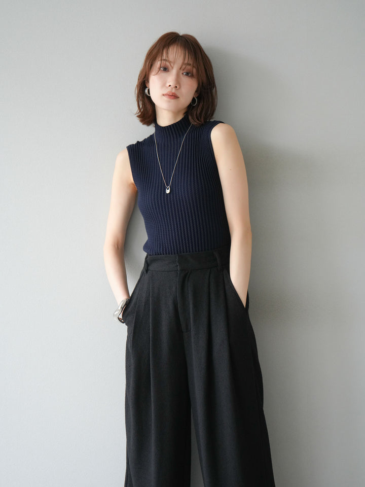 [予約]ボトルネックワッフル編みノースリーブニットトップス/ネイビー