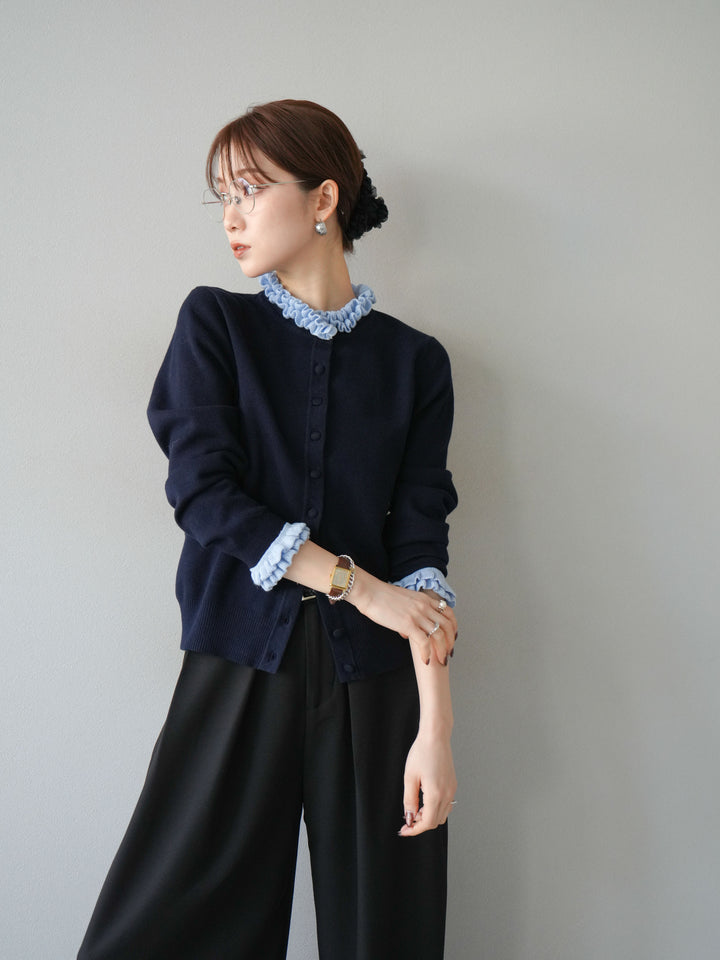 [予約]フリルデザインコンパクトニットカーディガン/ネイビー