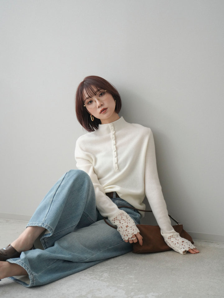 [予約]袖スカラップレースフロントボタンウールニットトップス/white