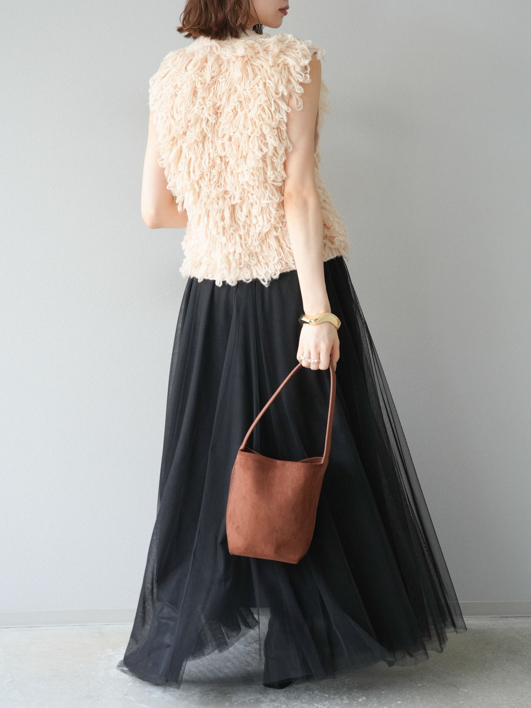 [SET] 前開衩針織背心 + 薄紗蓬鬆裙 (2 件套)