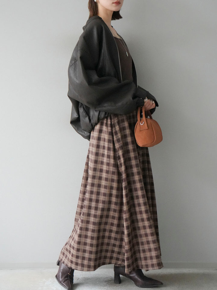 [予約]チェックタックフレアロングスカート/ ブラウン