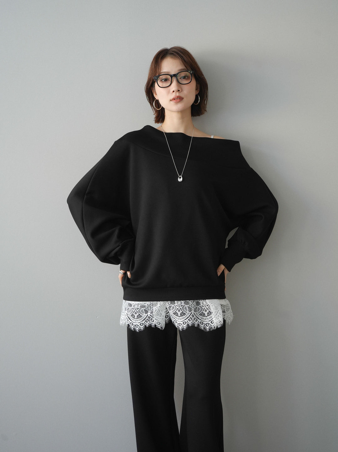 [SET]アシンメトリーオフショルポンチプルオーバー+選べるアクセセット(2set)