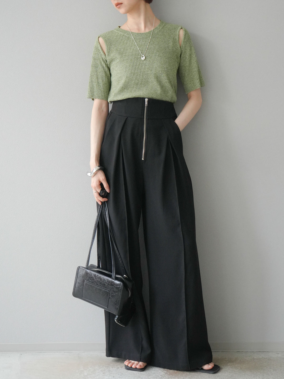 [予約]MIXニットショルダースリットプルオーバー/グリーン