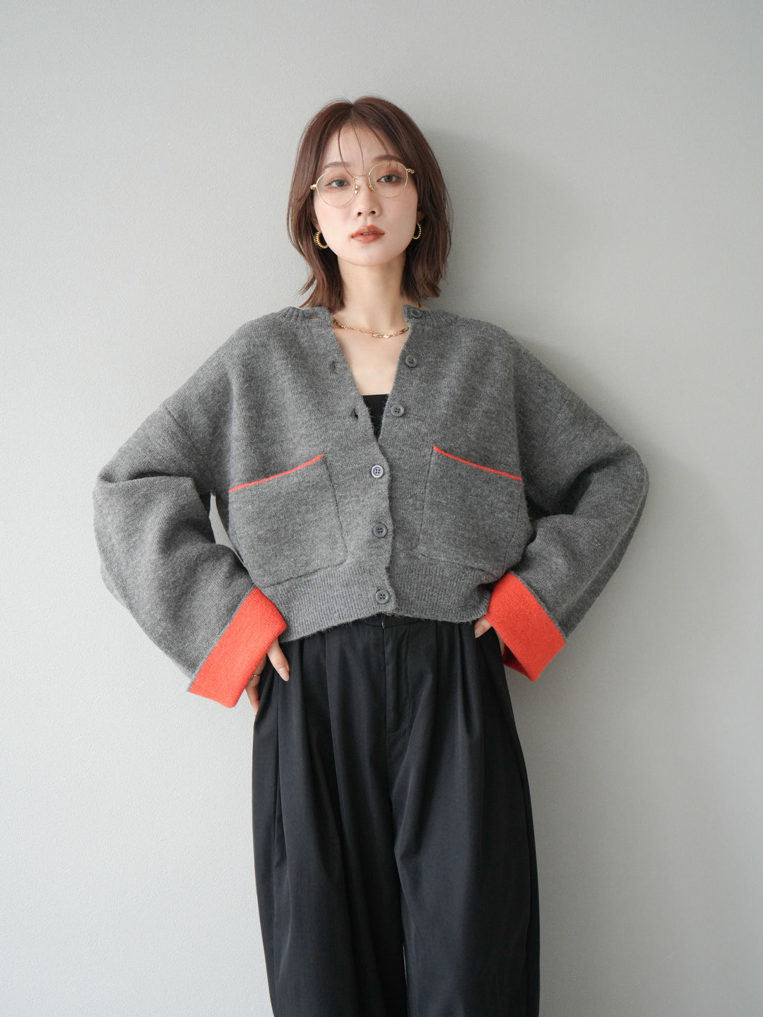 【SET】雙色針織開襟衫+褶襉設計寬褲（2套）