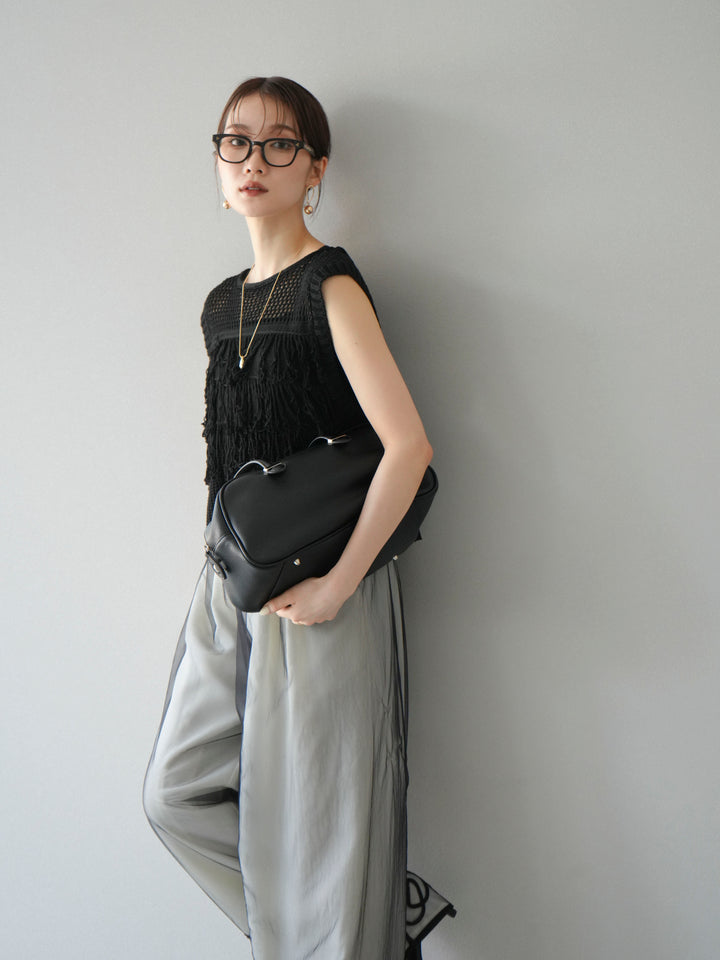 [SET]透かし編みフリンジニットトップス+コード刺繍チュールレイヤードパンツ(2set)