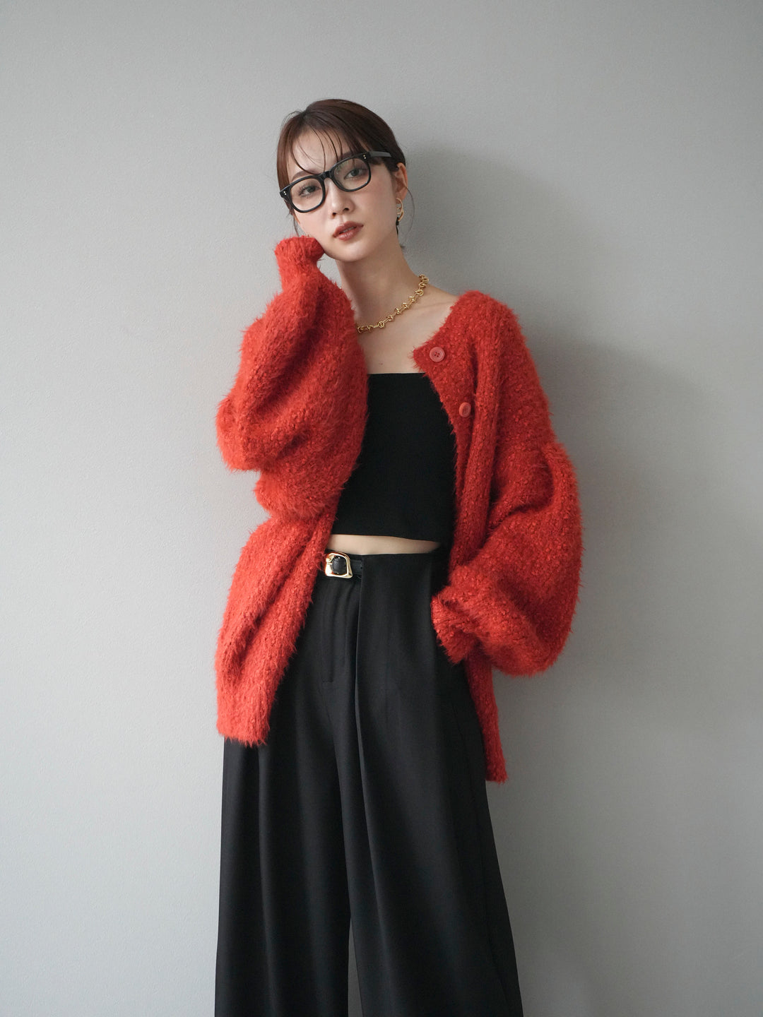 [SET]クルーネックランダムシャギーカーディガン+ベルトループデザインワイドパンツ(2set)